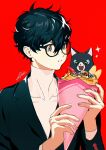  1boy absurdres amamiya_ren animal bangs black_cat black_hair black_jacket blue_eyes btmr_game cat crepe eating food food_in_mouth glasses hair_between_eyes highres holding holding_food jacket long_sleeves male_focus morgana_(persona_5) open_mouth persona persona_5 red_background school_uniform shuujin_academy_uniform signature simple_background sparkle sparkling_eyes upper_body 