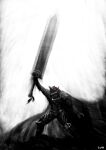  1boy armor berserk berserker_armor cape dragonslayer_(sword) glowing glowing_eyes guts_(berserk) helmet holding holding_sword holding_weapon huge_weapon lutherniel solo sword weapon zweihander 