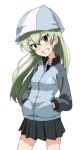  1girl alternate_hairstyle anchovy_(girls_und_panzer) bangs bare_legs black_neckwear black_skirt blue_headwear blue_jacket blue_skirt commentary cosplay cowboy_shot dress_shirt eyebrows_visible_through_hair girls_und_panzer green_hair grin hair_down hands_in_pockets hat head_tilt jacket kayabakoro keizoku_military_uniform long_hair long_sleeves looking_at_viewer mika_(girls_und_panzer) mika_(girls_und_panzer)_(cosplay) military military_uniform miniskirt necktie pleated_skirt raglan_sleeves red_eyes shirt simple_background skirt smile solo standing track_jacket tulip_hat uniform white_background white_shirt wing_collar 