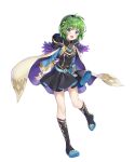  1girl bangs belt belt_pouch black_dress blue_eyes boots cape detached_sleeves dress feather_trim fire_emblem fire_emblem:_the_blazing_blade fire_emblem_heroes full_body gold_trim green_hair hair_ornament hairband highres hiny hood hood_down hooded_cape long_sleeves nino_(fire_emblem) official_art pouch shiny shiny_hair shiori_(xxxsi) short_dress short_hair solo transparent_background 