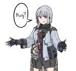  1girl bangs breasts cowboy_shot denyel english_text eyebrows_visible_through_hair girls_frontline gloves highres looking_afar open_mouth purple_eyes rpk-16_(girls_frontline) short_hair silver_hair simple_background smile solo speech_bubble white_background 