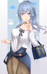  1girl absurdres alternate_costume bag blue_eyes blue_hair breasts choker collarbone cowboy_shot earrings gotland_(kancolle) handbag highres hoop_earrings jenson_tw jewelry kantai_collection long_hair medium_breasts mole mole_under_eye ponytail shirt sidelocks solo standing white_shirt 