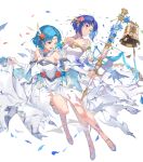  2girls bangs bare_shoulders bell blue_eyes blue_hair breasts catria_(fire_emblem) circlet closed_mouth detached_collar dress feather_trim fire_emblem fire_emblem:_mystery_of_the_emblem fire_emblem:_the_binding_blade fire_emblem_echoes:_shadows_of_valentia fire_emblem_heroes flower full_body hair_ornament highres jewelry kakage leg_up looking_away medium_breasts multiple_girls official_art one_eye_closed open_mouth parted_lips shiny shiny_hair shiny_skin short_hair skirt strapless strapless_dress thea_(fire_emblem) torn_clothes torn_skirt transparent_background wedding_dress white_dress white_footwear 