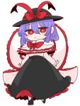  1girl black_skirt bow capelet frilled_shirt frills hat hat_bow hat_ribbon long_skirt nagae_iku oarfish op_na_yarou pink_shirt purple_hair red_eyes ribbon shawl shirt skirt touhou 