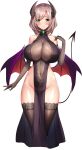  1girl absurdres asymmetrical_bangs bangs black_legwear breasts covered_navel cropped_legs demon_girl demon_horns demon_tail demon_wings derauea elbow_gloves eyebrows_visible_through_hair firis_(motto!_haramase!) gloves highres horns huge_breasts lace-trimmed_legwear lace_trim light_brown_hair looking_at_viewer low_wings medium_hair motto!_haramase!_honoo_no_oppai_isekai_chou_ero_succubus_gakuen! official_art pelvic_curtain photoshop_(medium) smile solo tail thighhighs transparent_background wings 