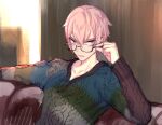  1boy adjusting_eyewear alternate_costume arai_12 bangs blue_eyes blue_sweater brown_sweater commentary_request couch glasses green_sweater grey_sweater hair_between_eyes looking_at_viewer male_focus multicolored_sweater open_mouth pink_hair ragnarok_online short_hair sitting solo sweater upper_body 