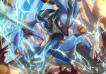  blurry bone closed_mouth cloud commentary_request day electricity from_below gen_4_pokemon highres holding holding_bone legs_apart lucario outdoors pokemon pokemon_(creature) red_eyes ririri_(user_rkrv7838) rock shiny sky solo spikes squatting toes yellow_fur 