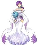  1girl bangs bare_shoulders bouquet breasts circlet closed_mouth detached_collar dress feather_trim fire_emblem fire_emblem:_the_binding_blade fire_emblem_heroes flower full_body hair_ornament head_tilt highres holding jewelry juno_(fire_emblem) lips long_hair long_skirt looking_at_viewer low_ponytail medium_breasts official_art purple_eyes purple_hair skirt smile solo standing strapless strapless_dress tied_hair transparent_background uroko_(mnr) wedding_dress white_dress 
