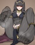  1girl barefoot bodystocking bodysuit bracelet bridal_gauntlets cape capelet cloak feet fire_emblem fire_emblem_awakening full_body highres jewelry legs long_hair looking_at_viewer mole_(pixiv31755575) no_shoes sitting soles tharja_(fire_emblem) thighhighs thighs tiara toes 