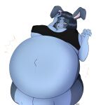  anthro belly big_belly big_breasts blue_body blue_fur bodily_fluids breasts cleavage clothed clothing female fur hair hand_on_head hi_res huge_breasts hyper hyper_belly hyper_pregnancy lactating lactating_through_clothing lagomorph leporid mammal milk naata nipple_outline one_eye_closed pregnant rabbit shirt side_boob solo sweat tank_top thick_thighs topwear under_boob wet wet_clothing wide_hips 