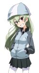  1girl alternate_hairstyle anchovy_(girls_und_panzer) bangs black_neckwear black_skirt blue_headwear blue_jacket commentary cosplay cowboy_shot dress_shirt eyebrows_visible_through_hair girls_und_panzer green_hair grin hair_down hands_in_pockets hat head_tilt jacket kayabakoro keizoku_military_uniform long_hair long_sleeves looking_at_viewer mika_(girls_und_panzer) mika_(girls_und_panzer)_(cosplay) military military_uniform miniskirt necktie pantyhose pleated_skirt raglan_sleeves red_eyes shirt simple_background skirt smile solo standing track_jacket tulip_hat uniform white_background white_legwear white_shirt wing_collar 