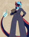  2021 5_fingers alishka anthro blue_eyes blue_hair breasts clothed clothing digital_media_(artwork) dragon female fingers fur furred_dragon hair hi_res looking_at_viewer simple_background solo 