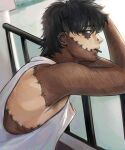  1boy alternate_costume alternate_hairstyle bangs bare_shoulders black_hair blue_eyes boku_no_hero_academia burn_scar dabi_(boku_no_hero_academia) from_side grey_shirt highres keva_(liltkeva) looking_at_viewer male_focus mouth_hold outdoors piercing scar shirt short_hair spiked_hair stitches upper_body 