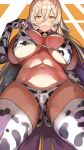  1girl absurdres agu_(agrias777) animal_print ass_visible_through_thighs bell bikini blonde_hair breasts collar cow_print cowbell elbow_gloves fang from_below gloves hair_between_eyes highres huge_breasts long_hair neck_bell nijisanji nui_sociere print_bikini skin_fang solo swimsuit thighhighs very_long_hair virtual_youtuber 