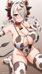  1girl animal_costume animal_ears animal_print ass_visible_through_thighs bell blush breasts cleavage closed_mouth collar commentary_request cow_costume cow_ears cow_girl cow_horns cow_print cow_tail cowbell ear_tag elbow_gloves fake_horns gloves hair_ornament horns huge_breasts looking_at_viewer marota neck_bell one-piece_swimsuit original red_eyes short_hair silver_hair sitting smile solo sweat swimsuit tail thighhighs v w wariza 