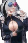  animal_ears arknights asian_clothes cleavage feater_(arknights) megane no_bra tagme wet 