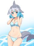  1girl absurdres bangs bare_arms bare_shoulders blue_bra blue_eyes blue_hair blue_panties bra breasts cleavage collarbone commentary common_bottlenose_dolphin_(kemono_friends) cowboy_shot dolphin_tail dorsal_fin flippers gradient_hair grey_hair groin hands_in_hair highres jewelry kemono_friends looking_at_viewer medium_hair multicolored_hair navel panties parted_lips pendant shiraha_maru side-tie_panties small_breasts solo stomach string_panties underwear underwear_only white_hair 