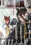  2girls absurdly_long_hair agnes_tachyon_(umamusume) animal_ears bangs beaker black_coat black_hair black_neckwear blurry blurry_foreground brown_hair closed_mouth coat commentary cup curtains erlenmeyer_flask eyelashes flask hair_between_eyes highres holding holding_cup holding_flask horse_ears horse_girl indoors labcoat long_hair looking_at_another looking_back manhattan_cafe_(umamusume) mitsunari_miyako monitor multiple_girls necktie open_mouth red_eyes round-bottom_flask see-through short_hair sleeves_past_fingers sleeves_past_wrists smile smoke sweater test_tube test_tube_rack umamusume upper_body very_long_hair white_coat whiteboard yellow_eyes yellow_neckwear yellow_sweater 