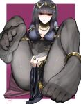  1girl barefoot bodystocking bodysuit bracelet bridal_gauntlets cape capelet cloak feet fire_emblem fire_emblem_awakening full_body highres jewelry legs long_hair looking_at_viewer mole_(pixiv31755575) no_shoes sitting soles tharja_(fire_emblem) thighhighs thighs tiara toes 