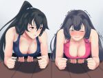  2girls agano_(kancolle) barefoot black_hair black_tank_top blue_eyes blush breasts cleavage commentary_request commission exercise kantai_collection large_breasts lips long_hair looking_at_viewer multiple_girls nose_blush pink_tank_top ponytail push-ups red_eyes scrunchie shingyou_(alexander-13) sidelocks tank_top yahagi_(kancolle) 