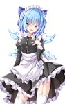  (9) 1girl :d alternate_costume apron bangs blue_bow blue_eyes blue_hair bow cirno cowboy_shot eyebrows_visible_through_hair fang garter_straps hair_bow hands_on_own_chest highres ice ice_wings juliet_sleeves kuraaken long_sleeves looking_at_viewer maid maid_headdress open_mouth puffy_sleeves short_hair simple_background skin_fang smile solo standing thighhighs touhou white_apron white_background white_legwear wings 