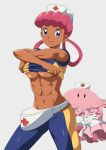  1girl abs blue_eyes breasts chansey closed_mouth commentary dark-skinned_female dark_skin dress dress_removed english_commentary eyelashes gen_1_pokemon hair_rings hat highres holding holding_clothes holding_dress joy_(pokemon) long_hair navel nurse_cap pink_dress pink_hair pokemon pokemon_(anime) pokemon_(classic_anime) pokemon_(creature) simple_background smile suitenan sweatdrop tan toned undressing white_background white_headwear 