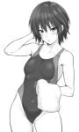  1girl amagami bob_cut breasts collarbone competition_swimsuit covered_navel cowboy_shot greyscale groin looking_at_viewer monochrome nanasaki_ai one-piece_swimsuit parted_lips short_hair shouji_nigou small_breasts solo standing swimsuit towel wet 