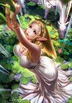  1girl arms_up ass blonde_hair bracelet breasts cleavage dress flower green_eyes highres horse jewelry leaf liang_xing lily_pad looking_up medium_breasts necklace parted_lips partially_submerged pointy_ears princess_zelda standing strapless strapless_dress the_legend_of_zelda the_legend_of_zelda:_breath_of_the_wild water wet wet_clothes wet_dress white_dress 