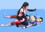  2girls absurdres aqua_bra black_skirt blue_background blue_dress blue_theme boots bra bracelet breasts breath brown_eyes brown_hair brown_legwear bun_cover china_dress chinese_clothes chun-li cirenk crop_top cross-laced_footwear double_bun dress earrings elbow_pads final_fantasy final_fantasy_vii fingerless_gloves full_body gloves hair_pulled_back highres hypnosis jewelry lips long_hair low-tied_long_hair lying lying_on_person mind_control multiple_girls open_mouth pantyhose pelvic_curtain pencil_skirt puffy_short_sleeves puffy_sleeves sash short_sleeves side_slit skirt spiked_bracelet spikes spread_legs street_fighter suspender_skirt suspenders suspenders_gap tank_top taut_clothes tifa_lockhart torn_clothes torn_legwear underwear white_footwear white_tank_top yuri 