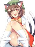  1girl :d animal_ear_fluff animal_ears blush bow bowtie brown_hair cameltoe cat_ears cat_tail chen commentary_request feet full_body gold_trim hat jewelry knees_together_feet_apart knees_up looking_at_viewer mob_cap multiple_tails nekomata onaho_(otayoku) open_mouth panties puffy_short_sleeves puffy_sleeves red_eyes short_hair short_sleeves simple_background single_earring sitting smile solo tail touhou two_tails underwear upskirt white_background yellow_neckwear 