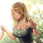  1girl 1other bare_shoulders blonde_hair blush bracelet breasts brown_eyes brown_hair camisole cleavage collarbone earrings eyebrows_visible_through_hair gradient_hair gyaru highres holding_hands idolmaster idolmaster_shiny_colors izumi_mei jewelry lace-up_top large_breasts long_hair multicolored_hair necklace one_eye_closed outdoors outstretched_hand shizuhime signature solo_focus straylight_(idolmaster) tan tree 