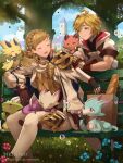  1boy 1girl :d ^_^ artist_name bag baguette bangs black_gloves blonde_hair blue_flower braid bread brown_footwear bubble bubble_blowing building closed_eyes closed_mouth commentary crown_braid day dragalia_lost english_commentary euden feet_out_of_frame fingerless_gloves fire_emblem fire_emblem_heroes flower food gloves green_eyes grocery_bag hentaki highres hood hood_down hooded_jacket jacket on_bench open_mouth outdoors paper_bag pink_flower puffy_short_sleeves puffy_sleeves sharena shoes shopping_bag short_sleeves single_hair_intake sitting sitting_on_bench smile thighhighs tree watermark web_address white_jacket white_legwear wyrm 