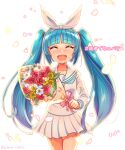  1girl ^_^ artist_name bangs blue_flower blue_hair blush bouquet closed_eyes eyebrows_visible_through_hair flower hair_ribbon highres holding holding_bouquet long_hair nipako open_mouth poyoyon_chihiro red_flower ribbon sailor_collar skirt smile solo twintails ultimate_nipper very_long_hair white_background white_ribbon white_skirt yellow_flower 
