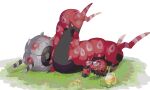  3_(qqo0g) coin commentary_request evolutionary_line gen_5_pokemon glass glasses grass highres leaf lying no_humans on_stomach pokemon pokemon_(creature) scolipede sparkle venipede whirlipede 