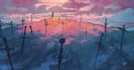  anato_finnstark artist_name berserk cloud cloudy_sky dragonslayer_(sword) dusk english_commentary evening field_of_blades greatsword highres hill no_humans orange_sky outdoors planted_sword planted_weapon scenery sky sword weapon 