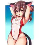  1girl :o animal_ear_fluff animal_ears armpits arms_up blue_background blush breasts brown_hair cameltoe cat_ears cat_tail chen cleavage collarbone commentary_request covered_navel cowboy_shot hair_between_eyes haruirokomici highres jewelry long_hair looking_at_viewer medium_breasts multiple_tails nekomata no_hat no_headwear one-piece_swimsuit open_mouth pink_eyes short_hair simple_background single_earring solo swimsuit tail touhou two_tails 