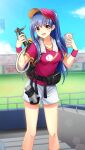  1girl :d bangs baseball_cap blue_hair breasts collarbone day doukyuusei_another_world eyebrows_visible_through_hair game_cg hair_between_eyes hat headband holding kakyuusei_2 long_hair looking_at_viewer medium_breasts official_art open_mouth outdoors ponytail red_eyes red_headband red_shirt shiny shiny_hair shirt short_shorts short_sleeves shorts smile solo stadium standing sweatdrop takatoo_nanase towel towel_around_neck very_long_hair white_shorts wristband 