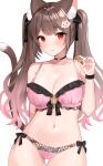  1girl animal_ear_fluff animal_ears bare_arms bare_shoulders black_choker bra breasts brown_hair cat_ears cat_girl cat_tail choker cleavage closed_mouth collarbone cowboy_shot frilled_bra frills hair_ornament hair_ribbon highres katsushika_pachi large_breasts lingerie long_hair looking_at_viewer navel original panties pink_bra pink_panties red_eyes ribbon side-tie_panties simple_background solo stomach tail tail_raised twintails underwear underwear_only white_background wristband 