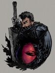  1boy behelit berserk black_hair cape commentary_request dark-skinned_male dark_skin dragonslayer_(sword) grey_background guts_(berserk) holding holding_sword holding_weapon huge_weapon male_focus miura_kentarou_(style) oggy planted_sword planted_weapon reverse_grip scar scar_on_face scar_on_nose solo sword weapon 