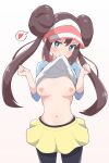  1girl areolae azudai bangs black_legwear blue_eyes blush bow breasts bright_pupils brown_hair clenched_hands commentary_request double_bun hands_up heart legwear_under_shorts long_hair looking_at_viewer mouth_hold navel nipples no_bra pantyhose pink_bow pokemon pokemon_(game) pokemon_bw2 rosa_(pokemon) shirt short_shorts shorts smile solo spoken_heart twintails visor_cap white_pupils yellow_shorts 