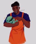  1boy alternate_color alternate_costume apron black_hair blue_shirt blush closed_eyes commentary dark-skinned_male dark_skin gen_3_pokemon grey_background holding holding_pokemon male_focus markijot open_mouth orange_apron pokemon pokemon_(creature) pokemon_(game) pokemon_swsh raihan_(pokemon) shiny_pokemon shirt short_hair short_sleeves signature smile t-shirt teeth tongue trapinch undercut |d 