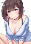  1girl absurdres akizuki_(kancolle) alternate_costume bangs blue_eyes blue_shirt blush bottomless breasts brown_hair cleavage closed_mouth collarbone eyebrows_visible_through_hair halterneck highres kantai_collection kiritto long_sleeves looking_at_viewer shirt short_hair simple_background solo sweat white_background 