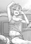  1girl arm_up bangs bare_shoulders bed bernadetta_von_varley camisole commentary_request eyebrows_visible_through_hair fire_emblem fire_emblem:_three_houses hair_between_eyes highres indoors lens_flare messy_hair midriff monochrome navel on_bed one_eye_closed open_mouth pajamas pillow rubbing_eyes short_hair shorts sitting sitting_on_bed solo waking_up zenrakishi 