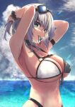  1girl anemone_noa armpits arms_behind_head bangs bikini breasts cleavage eyebrows_visible_through_hair front-tie_bikini front-tie_top goggles goggles_on_head green_eyes hair_tie_in_mouth highres hololive large_breasts mouth_hold navel shirogane_noel silver_hair solo stomach swimsuit tying_hair underboob upper_body virtual_youtuber wet wrist_cuffs 