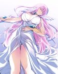  1girl breasts cleavage closed_eyes crying dress eyebrows_visible_through_hair gauntlets goddess hand_on_own_stomach head_wings highres ishiyumi jewelry large_breasts long_hair low_neckline lying necklace original purple_hair solo very_long_hair white_dress 