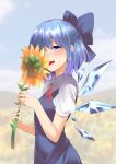  1girl :d absurdres blue_bow blue_dress blue_eyes blue_hair blush bow breasts cirno commentary_request dress flower from_side happy highres holding holding_flower huge_filesize ice ice_wings keenii_(kenny86) open_mouth red_neckwear small_breasts smelling_flower smile solo sunflower touhou upper_body wings 
