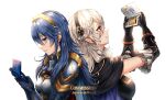  2girls armor back-to-back blue_eyes blue_hair breasts corrin_(fire_emblem) corrin_(fire_emblem)_(female) fire_emblem fire_emblem_awakening fire_emblem_fates gloves hairband handheld_game_console looking_down looking_up lucina_(fire_emblem) multiple_girls nintendo_3ds nintendo_3ds_ll pointy_ears red_eyes smile tiara wani_(fadgrith) white_hair 