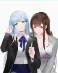  2girls bangs black_jacket blue_hair blue_ribbon blue_skirt breasts brown_hair chilli_646 closed_mouth commentary_request dsr-50_(girls_frontline) earrings eyebrows_visible_through_hair formal girls_frontline green_eyes grey_blazer grey_suit hand_in_hair hand_on_shoulder hk416_(girls_frontline) holding holding_pencil jacket jewelry long_hair looking_at_viewer medium_breasts multiple_girls nail_polish neck_ribbon necklace open_clothes open_jacket pencil red_eyes red_nails ribbon school_uniform shirt skirt smile suit v white_background white_shirt 