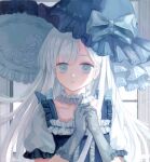  1girl blue_eyes choker frills gloves hat highres iceblue long_hair original solo source_request white_gloves white_hair witch witch_hat 