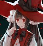  1girl black_hair frills hat highres iceblue long_hair original red_eyes ribbon solo twintails witch witch_hat 